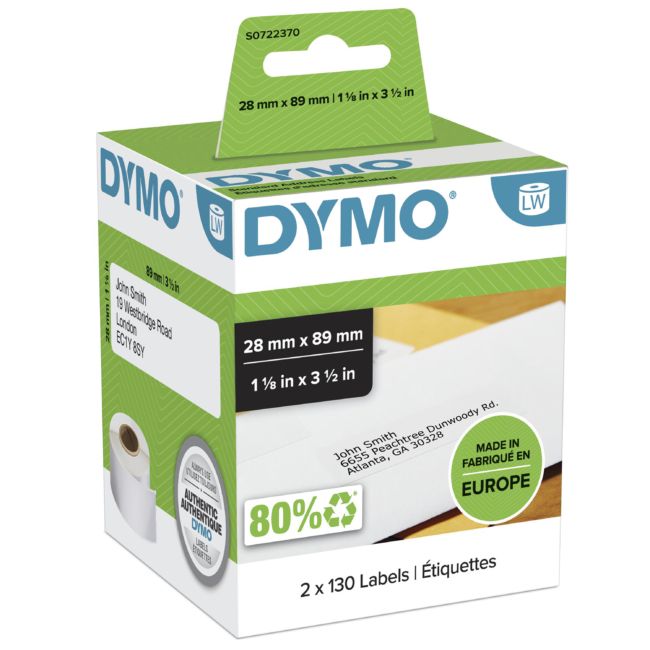 ORIGINAL DYMO Etichette Bianco S0722370 99010 bianche etichette per l'idirizzio, 89x28mm, 2x130 - DYMO - 5411313990103