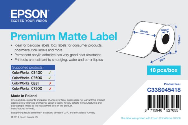 ORIGINAL Epson Etichette C33S045418 S045418 carta normale, opaco politenato, 76mm x 35m, VE=1 - Epson - 8715946527055