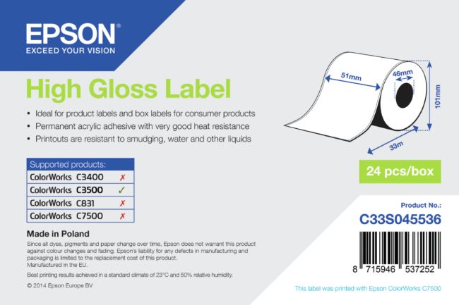 ORIGINAL Epson Etichette C33S045536 S045536 Etichette lucide, Rotolo, 51mm x 33m - Epson - 2200000024336