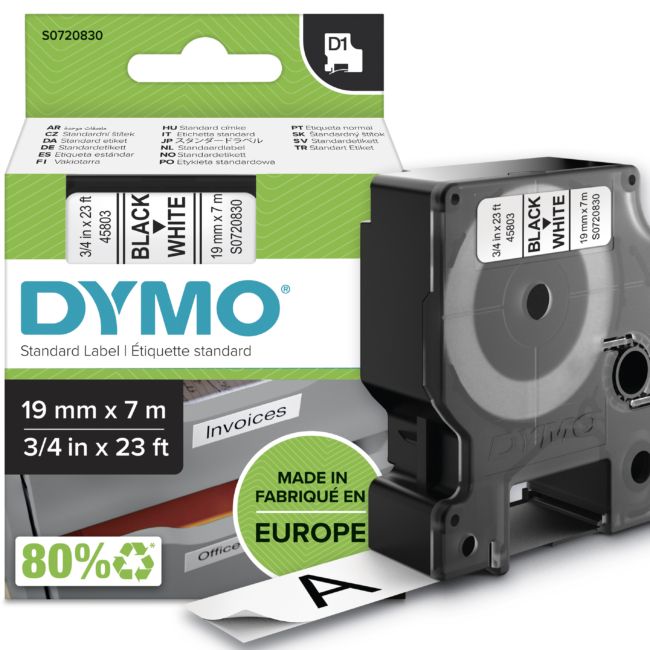 ORIGINAL DYMO Nastro Nero su bianco S0720830 45803 19mm x 7m, Standard-D1-ruolo - DYMO - 5411313452137