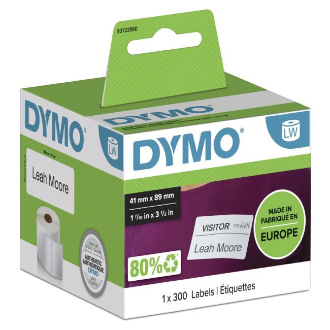 ORIGINAL DYMO Etichette Bianco S0722560 11356 1 rotolo di badge portanome, 41mm x 89mm, 300 etichette, carta rimovibile, bianco - DYMO - 5411313113564