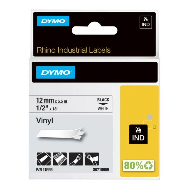 ORIGINAL DYMO Nastro Nero su bianco S0718600 18444 Nastro in vinile, Rhino, IND, 12mm x 5,5m, nero su bianco - DYMO - 071701184443