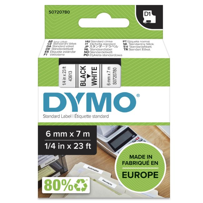 ORIGINAL DYMO Nastro Nero su bianco S0720780 43613 6mm x 7m, nastro standard D1 - DYMO - 5411313436137