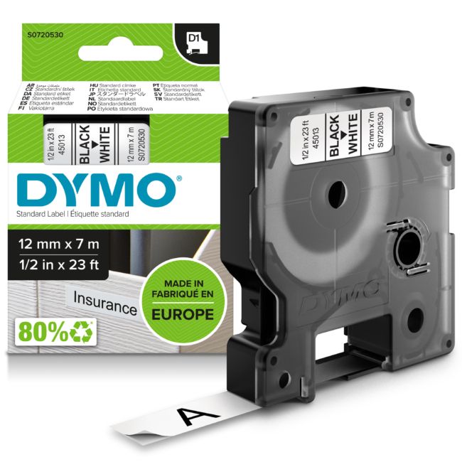 ORIGINAL DYMO Nastro Nero su bianco S0720530 45013 12mm x 7m, Standard-D1-ruolo - DYMO - 5411313450133