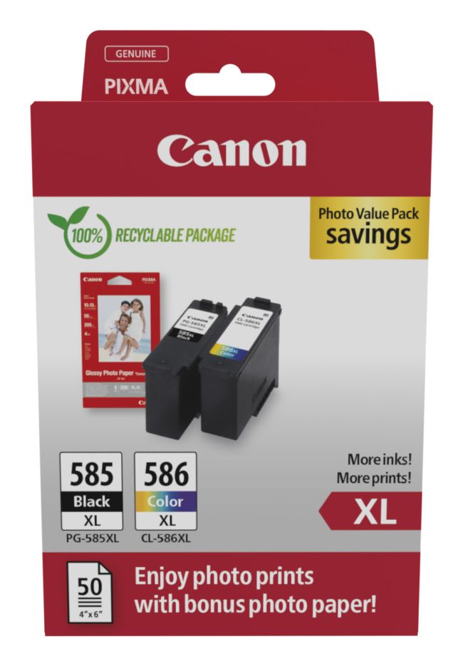 ORIGINAL Canon Value Pack nero / ciano / magenta / giallo PG-585XL+CL-586XL + 10x15 cm Fotopapier 50 Blatt ~600 Seiten - Canon - 8714574683072